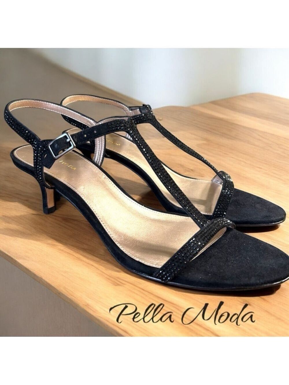 Pella Moda-NWOB women’s 11 “Fable” t-strap kitten heel. Suede/black crystals.